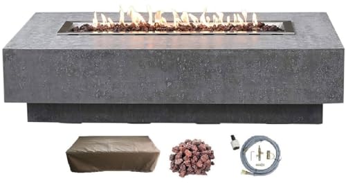 Elementi | Hampton Gas Fire Pit Cast Concrete 56" Rectangular Fire Table, Outdoor Fire Pit Electronic Ignition | Canvas Cover, Lava Rock Included | Light Gray (Natural Gas)