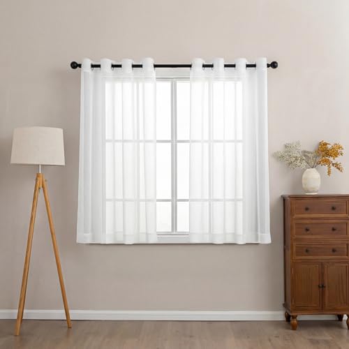 Sonive Cortinas con Aspecto de Lino, Juego de 2 con Ojales, H137 x L145 cm, Visillos de Poliéster Transparente para Dormitorio, Habitación Infantil, Salón Blanco