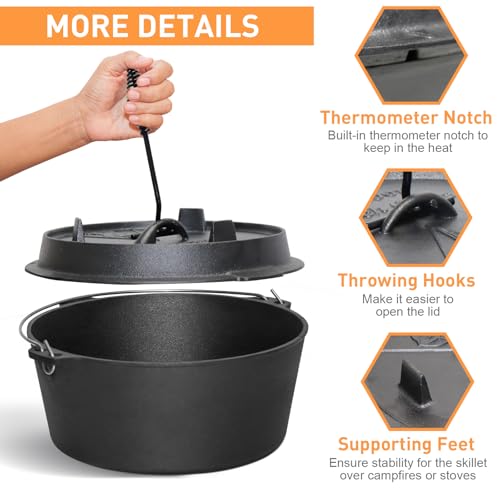 Image of Camping Dutch Oven, 9 Qt Pre-Seasoned Cast Iron Camp Dutch Oven Pot with Lid - Lid Lifter, Cast Iron Dutch Oven with Metal Handle for Cooking BBQ Baking Campfire Modern Black