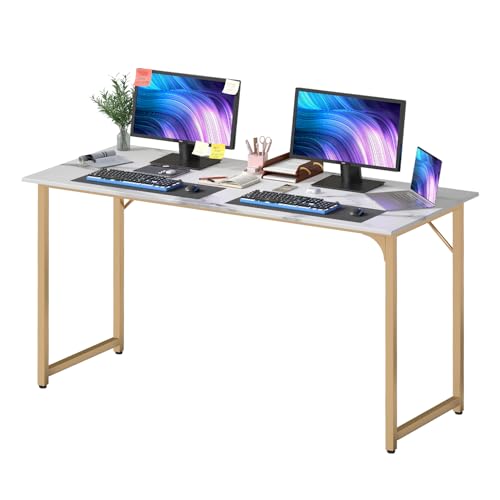 Image of PayLessHere | 55 Inch Computer Desk | White Gold | Office Desk with Metal Frame, Adjustable Feet | Water-Resistant, Scratchproof Surface | Sturdy Writing Table for Home Office or Study | Pack of 1