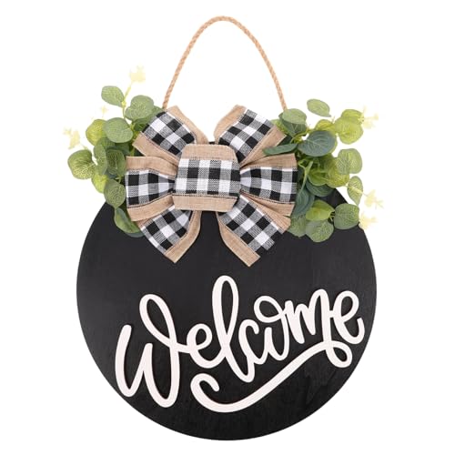 ERINGOGO Welcome Sign for Front Door Rustic Round Wooden Hanging Wreath Black Farmhouse Style Door Hanger for Indoor Outdoor Decoration and Charming Porch Decor