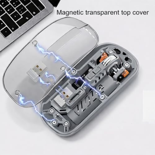 Image of PhT2105 Slim Wireless Mouse with Transparent Cover, 2.4GHz and Dual Bluetooth, Rechargeable, Adjustable DPI, LED for Laptop, PC and Tablet, Grey BTWMOUSE