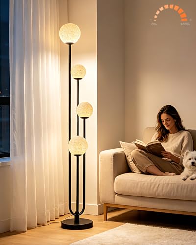 Image of Lightdot Black Globe Floor Lamp 4-Lights Dimmable Floor Lamps with Tray 3000K Bulbs Included Unique Candle Standing Lamp with Grey Shade for Living Room /Bedroom /Sofa Beside /Corner Decor