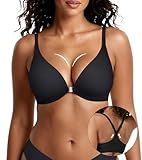 DEANGELMON Front Closure Bras for Women Jelly Wireless Padded Racerback Bralett Seamless Low Cut V-Neck Lightweight T-Shirts Bra Black Large