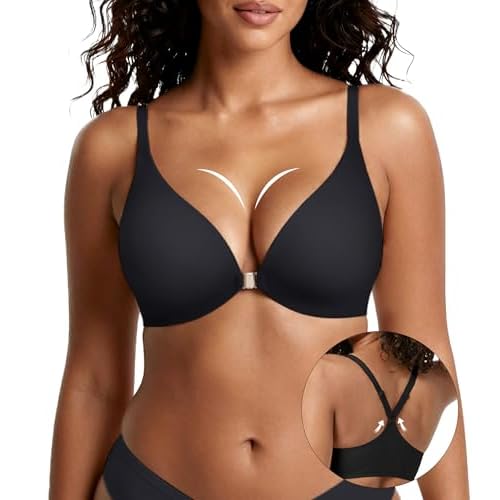 DEANGELMON Front Closure Bras for Women Wireless Jelly Padded Racerback Bralett Low Cut T-Shirts Bra Medium B-black