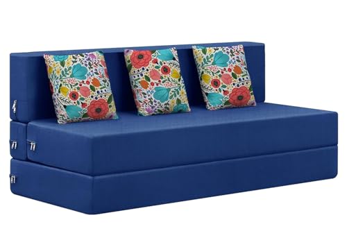 Rosebell Foldable Three Seater Sofa Cum Bed, Sofa Bed 5 X 6 Feet, Jute Fabric- Washable Cover- Including 3 Cushion Perfect for Home & Office - Blue Color