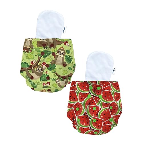 Image of Bumtum Baby Diaper | 0-3 Yrs Baby Freesize | Pack of 2, New Born Baby Diaper, Cloth Diaper, Waterproof Reusable Diaper, 5hrs Absorbency, Washable, Cotton Soaker, Extra Soft (Sloth & Watermelon)