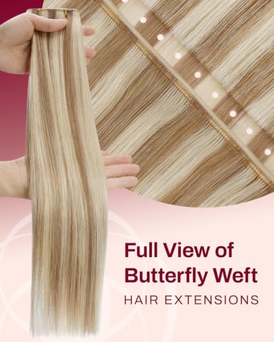 Image of Moresoo Butterfly Weft Hair Extensions Human Hair Blonde Highlight 16inch | Invisible Genius Weft, Highlights Golden Honey with Light Blonde, Add Volume, OVO PU Hole, Straight Soft Remy Hair 50g