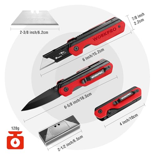 WORKPRO 2-in-1 Folding Knife/Utility Knife, Quick-Change Box Cutter with Belt Clip, Liner Lock, and G10 Handle, Extra 10 SK5 Blades Included, Red by WORKPRO - Image 2