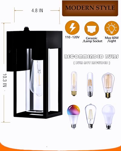 LWSOY 2-Pack Outdoor Wall Light Fixtures, Waterproof Exterior Wall Lanterns, Porch Lights with E26 Sockets & Cylinder Glass Shades, Modern Matte Black Wall Sconce for Porch Patio Garage — view 3