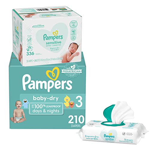 Image of Diapers Size 3, 210 Count and Baby Wipes - Pampers Baby Dry Disposable Baby Diapers, ONE MONTH SUPPLY with Baby Wipes Sensitive 6X Pop-Top Packs, 336 Count (Packaging May Vary)