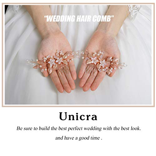 Unicra Flower Bride Wedding Hair Comb Leaf Bridal Hair Piece Pearl Crystal Headpiece For Women And Girls (2 Pcs) (Rose Gold) #TOP6