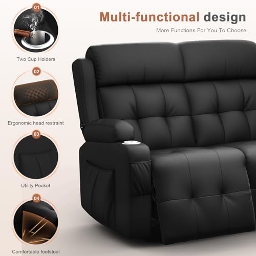 Image of Loveseat Recliner Sofa, Home Theater Seating with Massage, Reclining Loveseats with Console, Wall Hugger RV Couch Movie Theater Chairs, RV Furniture Sofas with USB, Cup Holders, Drawer for Gaming Room