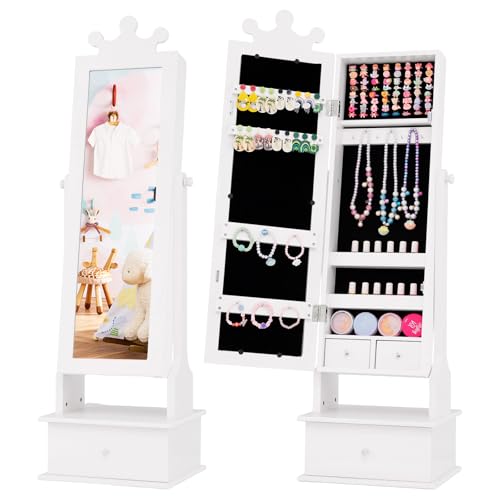 COSTWAY Armario de Joyería para Niños con Espejo y 3 Cajones, 2 Ángulos de Inclinación Ajustables y Sistema Antivuelco, Espejo Vestidor con Forma de Corona para Niños de 3+ Años (Blanco)