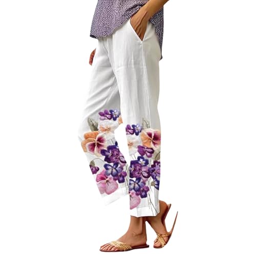 Pantalon en lin pour femme pantacourt d'été à fleurs taille haute et cordon
