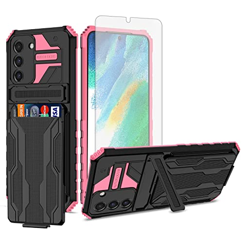 Coque Samsung S21 5G avec protège-écran verre trempé et porte-carte rose Asuwish