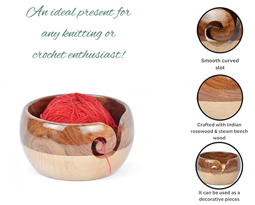 Image of Large Wooden Yarn Bowl | Handmade Knitting Wool Storage Bowl | Yarn Holder Dispenser with Holes to Prevent Slipping and Tangles for Knitting & Crocheting (Brown & Offwhite)