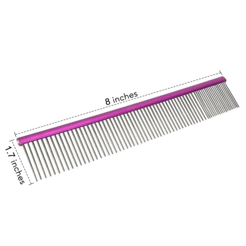 Image of Pet Comb 8 inches Comfortable Grooming Comb with Different-Spaced Rounded Stainless Steel Teeth, Easy Grip and Convenient Grooming for Pets Dog Cat with Medium Coarse Fur - Purple