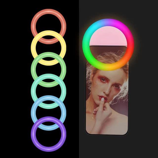Image of ZETY RGB Selfie Ring Light for iPhone Clip on Ring Light for Computer Laptop Circle Selfie Light Ring LED Zoom Light for Phone Photography Camera Video Girl Make up Lights Rechargeable - (Black)