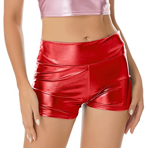 Jowowha Femme Short de Danse Moderne Jazz Mode Short en Cuir Verni Brillant Métallique Short de Fête Festival Bal Club Short de Sport Fitness Jogging Running M-XL Rouge L Cover