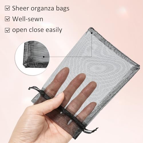 Image of Hopttreely 100pcs Organza Bags, Black 4''x4.72''(10x12cm) Satin Drawstring Organza Pouch Wedding Party Favor Gift Bag Jewelry Watch Bags