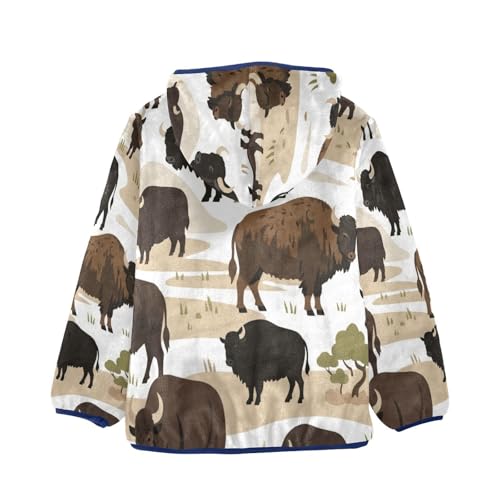 Bison Pattern Print on Fabric Toddler Fleece Jacket Girl Boys Hooded Fleece Jacket Coat Warm Outwear Zip-up 3-10T2