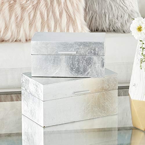CosmoLiving by Cosmopolitan Wood Rectangle Box with Textured Foiled Exterior, Set of 2 13", 11"W, Silver