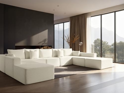 Image of 168 inch Cloud Sectional Couch, Comfort U Shaped Sofa for Living Room, Extra Deep Seats No Assembly, Minimalist Modular Couch, Corduroy (Cream, 9 Seats,U-Shape A)
