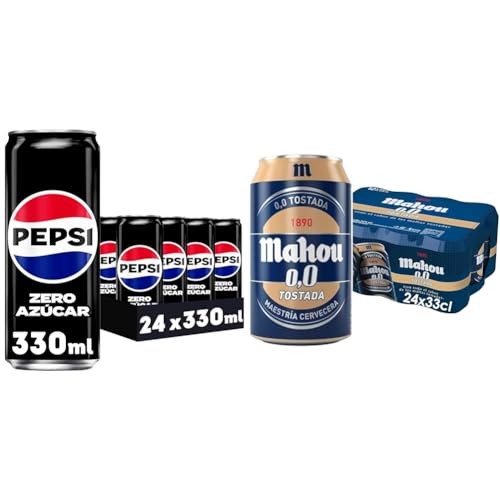 Pepsi Zero Refresco de ColaZero Azúcar24 x 330ml + Mahou Tostada 0,0 Cerveza Tostada - Pack de 24 Latas x 33cl – Sin Alcohol