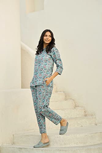 Image of SANSKRUTIHOMES Women's Premium 100% Cotton Printed Co-Ord Set | Short Sleeve Shirt & Pant Set | Pink Checkered Sun & Palm Tree Print | Casual Summer Resortwear, Vacation Wear & Comfortable Loungewear