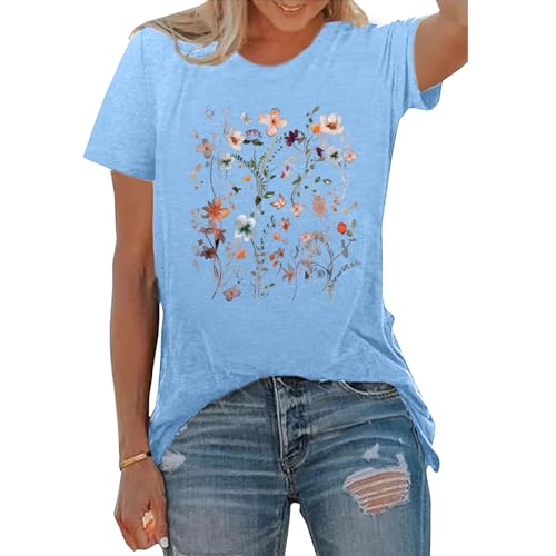 BLACKOO Women Graphic Tee Casual Floral T Shirts Heather Sky Blue X-Large