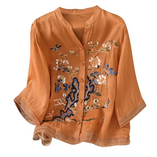 Cocila Chemisiers De Travail pour Femmes Bureau Professionnel Manches Longues Chemisier Brodé en Coton Et Lin Femme Style Bohème 3/4 Tunique Élégante Long...