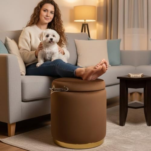 Image of Velvet Round Single Strip Ottoman Office Stool Foot Rest Stool Velvet Fabric Padded Seat Pouf Ottoman 13 X 13X 16 inch, in Round Shape for Living Room Brown