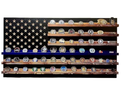 Thin Blue Line Challenge Coin Holder Display, Wooden Shelves hold