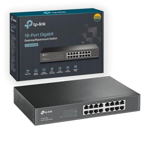 TP-Link TL-SG1016D 16-Port Gigabit Network Switch Desktop/Rackmount Energy Saving Ethernet Splitter MAC address self-learning Auto MDI/MDIX Isolation Mode Loop Prevention Plug and Play