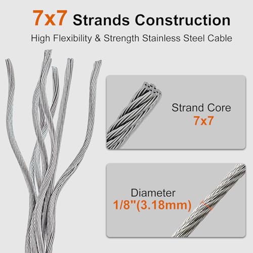 Rectoo 1/8" wire cable, 100ft Wire Rope Metal Cable With Loop Sleeve And Steel Thimble, 7x7 marine stainless steel Strand Core Perfect For Deck Railing System, Outdoor hanging kit, garden fence (SR03)