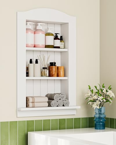 CHOEZON Recessed Wall Niche 3-Tier Recessed Medicine Cabinet Bathroom Cabinet Wall Mount Bamboo Medicine Organizer Wall Storage Cabinet for Bathroom Living Room Kitchen White