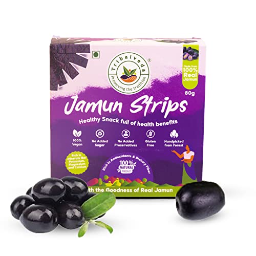 Image of Tribalveda Whole Dried Jamun Strips - Pack of 24(20gm each), Fresh Fruit, Black Plum, Jamun Bar, Healthy Mixes Chips, Dried Fruit, Rich In Dietary Fibers, Hygienically Packed (Jambu Strips)