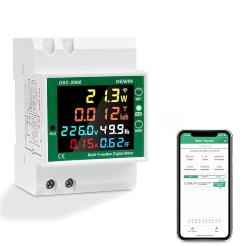 DEWIN Compteur d'électricité monophasé WIFI 6 en 1, 100 A, AC 40-300V, tension, courant, puissance et facteur de fréquence