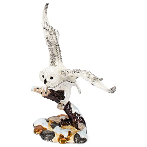 Cottage Garden Hand Painted Ornamental Jewelry Ring Necklace Earring Organizer Vintage Collectible Figurine Keepsake Box with Bejeweled Crystals, Flying Owl (Snowy Owl)