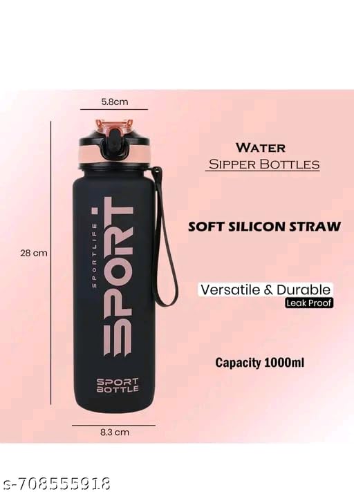 Image of Sport Water Sipper Bottle with Soft Silicon Straw, Leak Proof, 1000ml, (PINK BLACK)