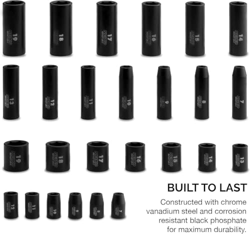 Image of NEIKO 02433A 3 /8 inch Drive Standard and Deep Metric Impact Socket Set | 26 Pieces | Metric 7mm to 19mm | Premium Cr-V Steel | 6-Point Hex Design | Corrosion Resistant Black Phosphate Coating