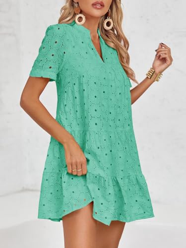 Image of Imily Bela Womens Summer Lace Dresses Eyelet Casual Flowy Babydoll Swing Short Sleeve V Neck Tunic Dress