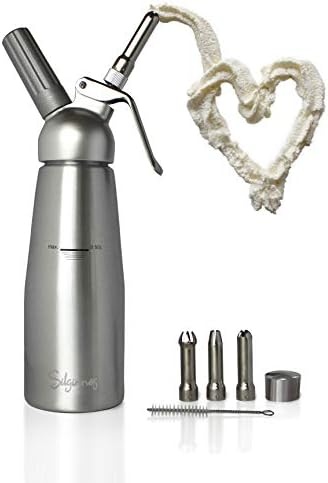 Whipped Cream Dispenser Stainless Steel and Aluminum - Professional 500 Milliliter / 1 Pint Whip Cream Maker with 6 Precision Nozzles - Best for Yummies Like Nitro Cold Brew Coffee