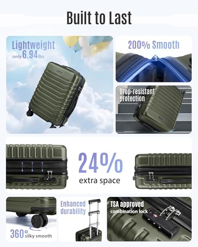 Image of LIGHT FLIGHT Expandable Carry On Luggage 22x14x9 Airline Approved with Double Spinner Wheels, 20 Inch Lightweight Hard Shell Rolling Suitcases with TSA Lock, Olive