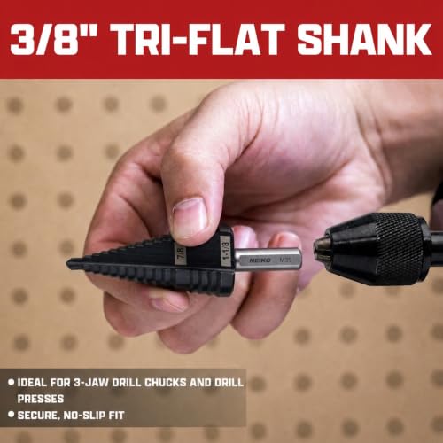 Image of NEIKO 10626B Step Drill Bit, 2 Steps 7 /8 inch to 1-1 /8 inch Straight M35 Cobalt, AlTiSiN Coated, 3 /8 inch Tri-Flat Step Bits for Steel, Metal, Wood, Plastic, Unibit Cone Drill Bits, Two Flute