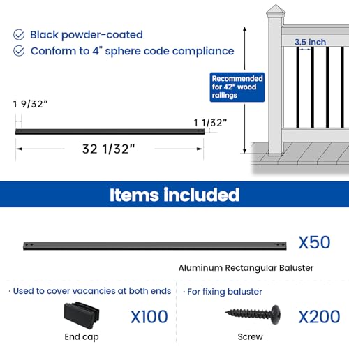 image for Muzata 50Pack 32'' Aluminum Deck Balusters Facemount Rectangular Raili