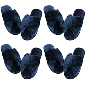 Newcotte 4 Pairs Women’s Cross Band Fuzzy Slippers Plush Furry House Slippers Bridesmaid Slippers Open Toe Fluffy Slippers