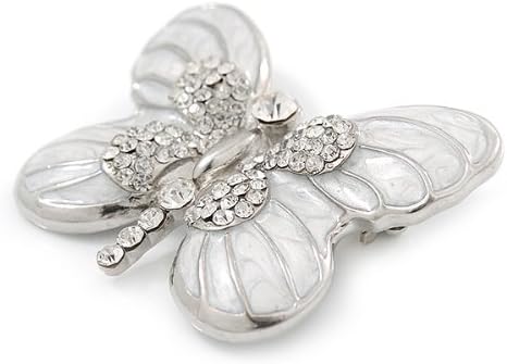 White Enamel Clear Crystal 'Butterfly' Brooch In Rhodium Plating - 47mm Width, silver, white / ivory - Image 4