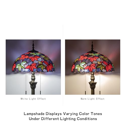 Image of Tiffany Floor Lamp, 16 inch Stained Glass Red Green Maple Leaf Shade with Antique Bronze Base, 2-Light E26 Pull Chain Standing Reading Light for Living Room Bedroom16x16x64 Inches